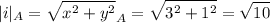 \displaystyle |i|_A=\sqrt{x^2+y^2} _A=\sqrt{3^2+1^2} =\sqrt{10}