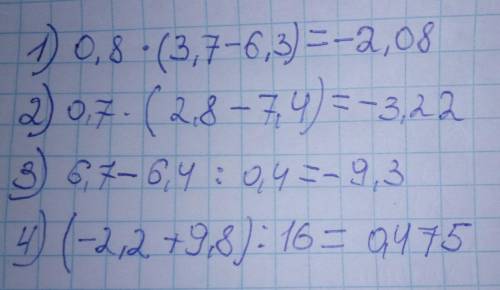 ВАРИАНТ 2 1. Вычислите:1) 0,8 · (3,7 - 6,3).2) 0,7 . (2,8 - 7,4).3) 6,7 - 6,4 : 0,4.4) (-2,2 +9,8):