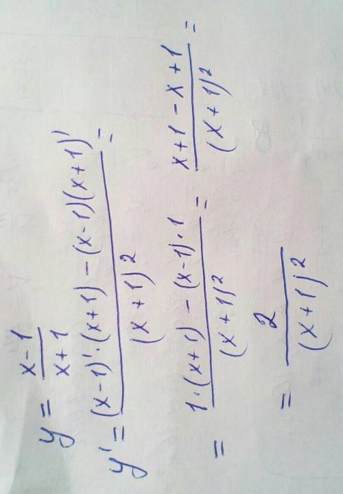 нужно: знайдіть похідну функції y = x-1 / x + 1 найдите производную функции y = x-1 / x + 1