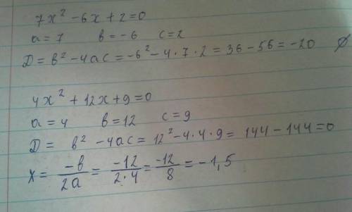 Решите эти уравнения по теореме виета 7x² - 22x + 3 = 07x² - 6x + 2 = 04x² + 12x + 9 = 0​