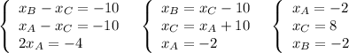 \left\{\begin{array}{lll}x_{B}-x_{C}=-10\\x_{A}-x_{C}=-10\\2x_{A}=-4\end{array}\right\ \ \left\{\begin{array}{lll}x_{B}=x_{C}-10\\x_{C}=x_{A}+10\\x_{A}=-2\end{array}\right\ \ \left\{\begin{array}{lll}x_{A}=-2\\x_{C}=8\\x_{B}=-2\end{array}\right