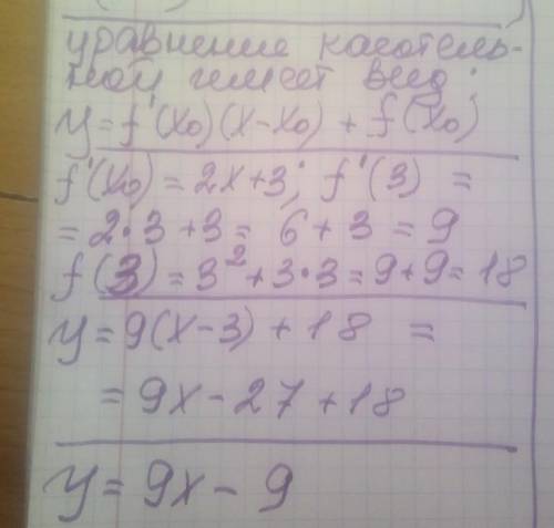 Напишіть рівняння дотичної до графіка функції f(x)=x²+3x у точці з абсцисою x0=3​