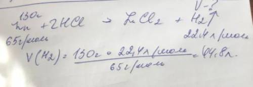 Обчисліть об'єм газу,який виділиться при взаємодії 130г цинку з хлоридною кислотою !​