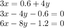 3x = 0.6 + 4y \\ 3x - 4y - 0.6 = 0 \\ 6x - 8y - 1.2 = 0