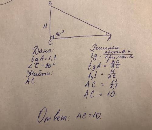 В треугольнике ABC угол с равен 90°, ВС = 11, tg A = 1,1. Найдитедлину стороны АС.​
