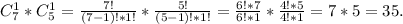 C_7^1*C_5^1=\frac{7!}{(7-1)!*1!}*\frac{5!}{(5-1)!*1!} =\frac{6!*7}{6!*1}*\frac{4!*5}{4!*1}=7*5=35.