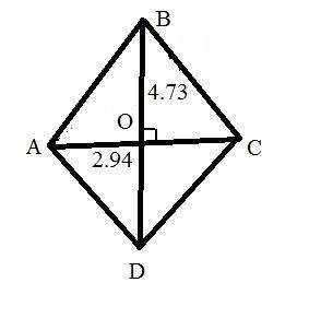 Діагоналі ромба дорівнюють 4,73 і 2,94. Знайдіть його кути. З малюнком, будь ласка, якщо можна. ​