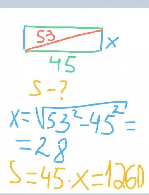 У прямокутнику одна сторона дорівнює 45 а діагональ дорівнює 53.знайдіть площу прямокутника​