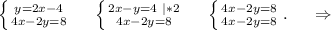 \left \{ {{y=2x-4} \atop {4x-2y=8}} \right.\ \ \ \ \left \{ {{2x-y=4\ |*2} \atop {4x-2y=8} \right. \ \ \ \ \left \{ {{4x-2y=8} \atop {4x-2y=8}} \right..\ \ \ \ \Rightarrow\\