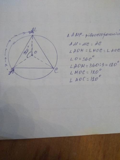 трикутник А М С рівносторонній точка О центр описаного навколо нього кола .На який кут потрібно пове
