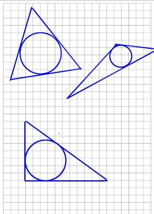 Побудувати гострокутний, прямокутний та тупокутний трикутники, вписати коло у побудовані трикутники