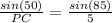 \frac{sin(50)}{PC}=\frac{sin(85)}{5}