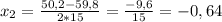 x_{2} = \frac{50,2-59,8}{2*15} = \frac{-9,6}{15} = -0,64