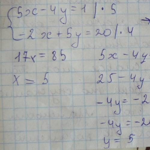 Розв’яжіть систему рівнянь додавання: 5x-4y=1 -2x+5y=20