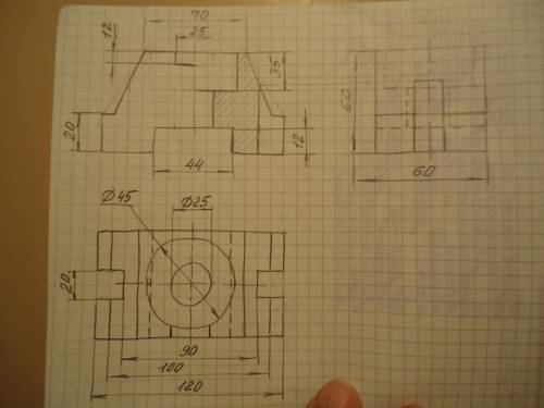 Начертить три вида детали опора главный вид преобразовать и добавить разрез на главный вид( )