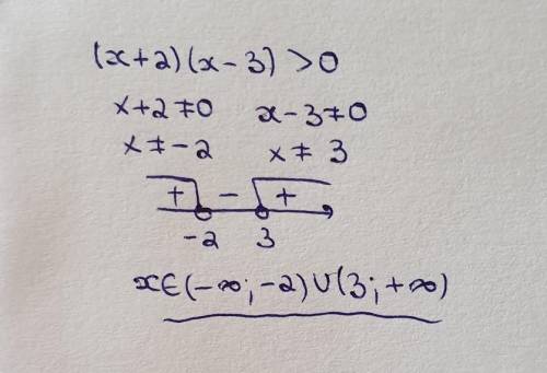 Решите неравенство: (x+2)•(x-3)>0 Решение показать на числовой прямой . ​