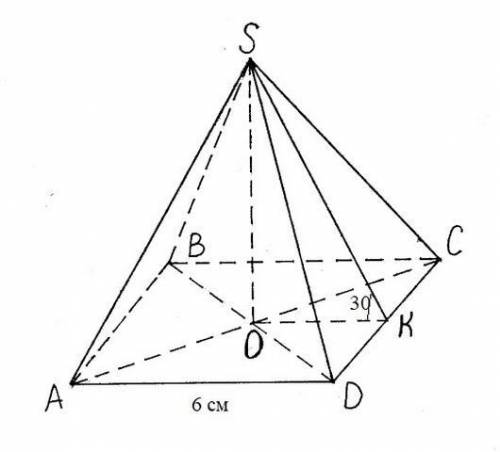 Сторона основания правильной четырехугольной пирамиды 6см. Двухгранные углы при основании равны 30°.
