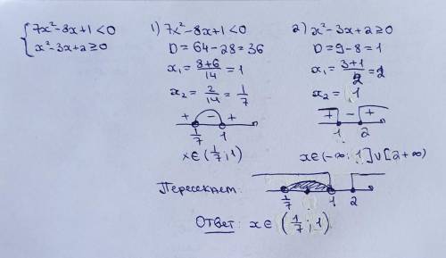 Решите систему неравенств: 7x²-8x+1<0 x²-3x+2>=0