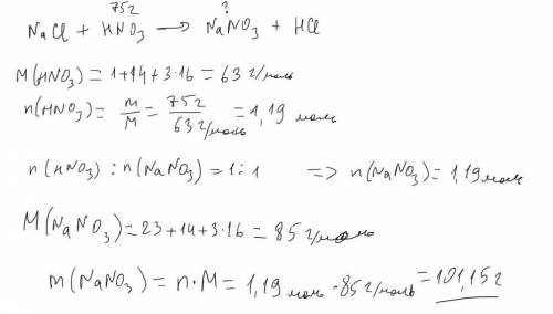 Яка маса солі утвориться під час взаємодії натрій хлориду із 75 г нитратной кислоты ​