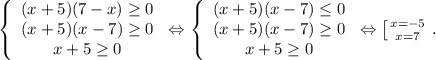 \left\{\begin{array}{c} (x+5)(7-x)\ge 0\\(x+5)(x-7)\ge 0\\x+5\ge 0\end{array}\right. \Leftrightarrow\left\{\begin{array}{c} (x+5)(x-7)\le 0\\(x+5)(x-7)\ge 0\\x+5\ge 0\end{array}\right. \Leftrightarrow \left [ {{x=-5} \atop {x=7}} \right. .