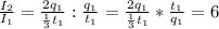 \frac{I_{2} }{I_{1} } = \frac{2q_{1} }{\frac{1}{3} t_{1} } : \frac{q_{1} }{t_{1} } = \frac{2q_{1} }{\frac{1}{3} t_{1} } * \frac{t_{1} }{q_{1} } = 6