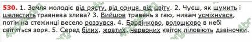 1. Земля молодіє від рясту від сонця від цвіту (С. Пушик). 2. Чуєш як шумить і шелестить травнева зл