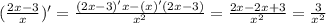 (\frac{2x-3}{x})' = \frac{(2x-3)'x-(x)'(2x-3)}{x^2} = \frac{2x - 2x+3}{x^2} = \frac{3}{x^2}