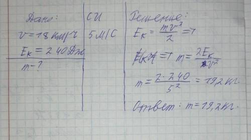 4. Кинетическая энергия птицы, летящей со скоростью 18 км/ч, равна 240 Дж. Определите массу птицы.​