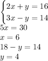 \begin {cases}2x + y = 16 \\ 3x - y = 14\end {cases} \\ 5x = 30 \\ x = 6 \\ 18 - y = 14 \\ y = 4