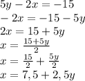 5y - 2x = -15\\-2x = -15 - 5y\\2x = 15 + 5y\\x = \frac{15 + 5y}{2}\\x = \frac{15}{2} + \frac{5y}{2}\\x = 7,5 + 2,5y