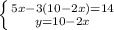 \left \{ {{5x - 3(10 - 2x)= 14} \atop {y = 10 - 2x}} \right.