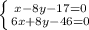 \left \{ {x-8y-17=0} \atop {6x+8y-46=0}} \right.