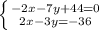 \left \{ {{-2x-7y+44=0} \atop {2x-3y=-36}} \right.