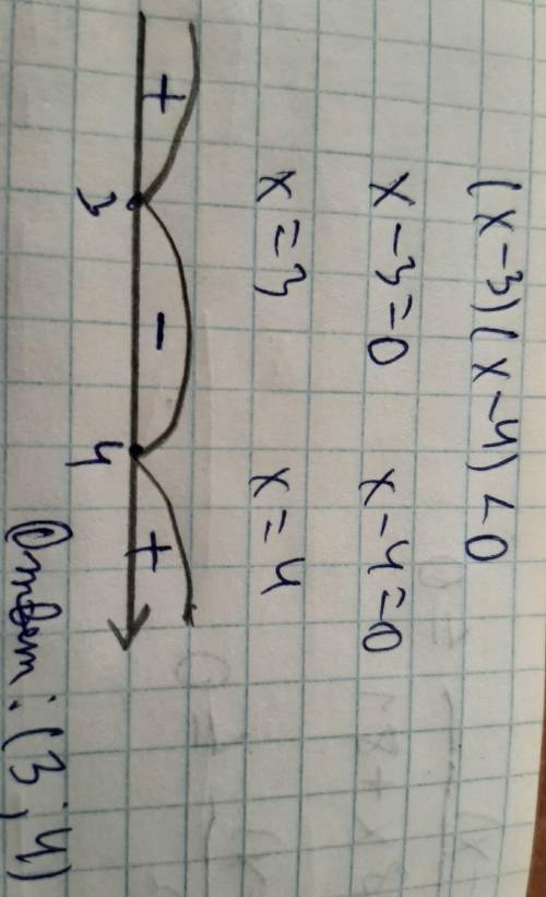 Решите неравенство (x-3)(x-4)<о A) (-2; 4)В) (-2; 4]C) (-60; -2] (4; +∞)D) (-3; – 2] [4; +∞)E) (-