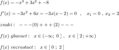 f(x)=-x^3+3x^2+-8\\\\f'(x)=-3x^2+6x=-3x(x-2)=0\ \ ,\ \ \ x_1=0\ ,\ x_2=2\\\\znaki:\ \ ---(0)+++(2)---\\\\f(x)\ ybuvaet:\ \ x\in (-\infty ;\ 0\ ]\ ,\ \ x\in [\ 2\, ;+\infty \, )\\\\f(x)\ vozrastaet:\ \ x\in [\ 0\ ;\ 2\ ]