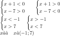 \begin {cases}x + 1 < 0 \\ x - 7 0\end {cases} \: \: \: \: \begin {cases}x + 1 0 \\ x - 7 < 0\end {cases} \\ \begin {cases}x < - 1 \\ x 7\end {cases}\begin {cases}x - 1 \\ x < 7\end {cases} \\x∈∅ \: \: \: \: \: x∈( - 1;7) \\