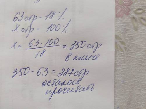 За день Саша прочитал 63 страницы книги, что составило 18% от всей книги. Сколько страниц осталось п