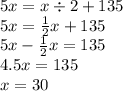 5x = x \div 2 + 135 \\ 5x = \frac{1}{2} x + 135 \\ 5x - \frac{1}{2} x = 135 \\ 4.5x = 135 \\ x = 30