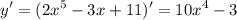 \displaystyle y'=(2x^5-3x+11)' = 10x^4-3