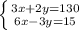 \left \{ {{3x+2y=130} \atop {6x-3y=15}} \right.