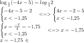 \log_{ \: \frac{ 1}{2} }( - 4x - 5) =log_{ \: \frac{ 1}{2} }{2} \\ \begin{cases} - 4x - 5 = 2 \\ x < - 1{,}25\end{cases} < = \begin{cases} 4x = - 2 - 5\\ x < - 1{,}25\end{cases} \\ \begin{cases} x = \frac{-7}{4} = - 1{,}75\\ x < - 1{,}25\end{cases} < = x = - 1{,}75 \\ x = - 1{,}75 \: \in \: ОДЗ \: \: \: \: \: