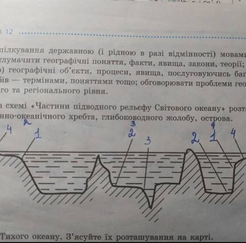 Підпішіть на схемі «Частини підводного рильєфу Світового океану» розташування улоговини, серединно-о