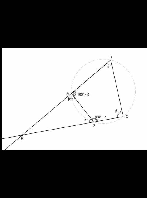 Дан четырёхугольник ABCD, который можно вписать в окружность. Продолжения его противоположных сторон