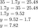 35 - 1.7y = 25.48 \\ 1.7y = 35 - 25.48 \\ 1.7y = 9.52 \\ y = 9.52 - 1.7 \\ y = 7.82