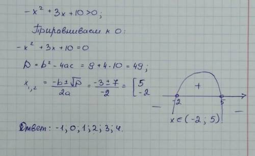 3. Найдите целые решения неравенства: -x2+3x+10>0