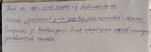 Підкреслити головні та другорядні члени речення: 1) Там на горі, біла хата із бабиного літа. 2) Міся