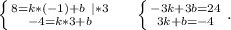 \left \{ {{8=k*(-1)+b\ |*3} \atop {-4=k*3+b}} \right. \ \ \ \ \left \{ {{-3k+3b=24} \atop {3k+b=-4}} \right. .