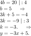 4b=20\ |:4\\b=5\ \ \ \ \Rightarrow\\3k+5=-4\\3k=-9\ |:3\\k=-3.\ \ \ \ \Rightarrow\\y=-3x+5.