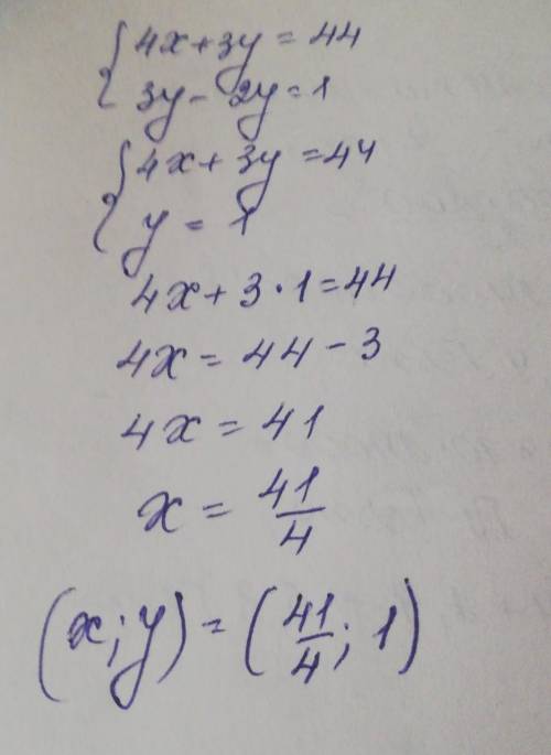 решить систему подстановки 4x+3y=443y-2y=1​