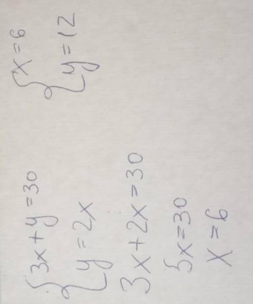 5. Решите систему уравнений: {3x + y = 30, { y = 2x это СОЧ очень надо ​